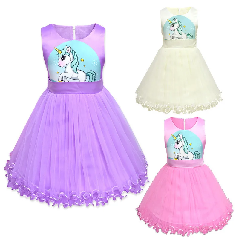 

Unicorn Girls Dress Summer Cartoon Pattern Mesh Princess Dress For 3-8 Years Old Kids Halloween Party Dress Up Clothes