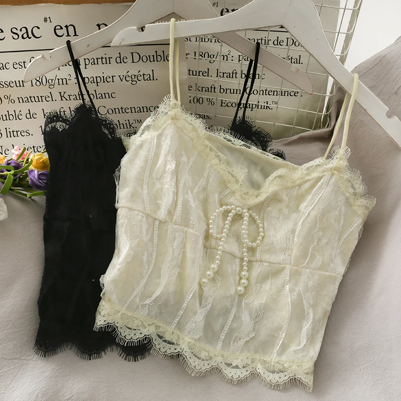 lace tassels crop tops sexy spaghetti strap tanke top off shoulder pearl butterfly slim fit cami for women sling vest
