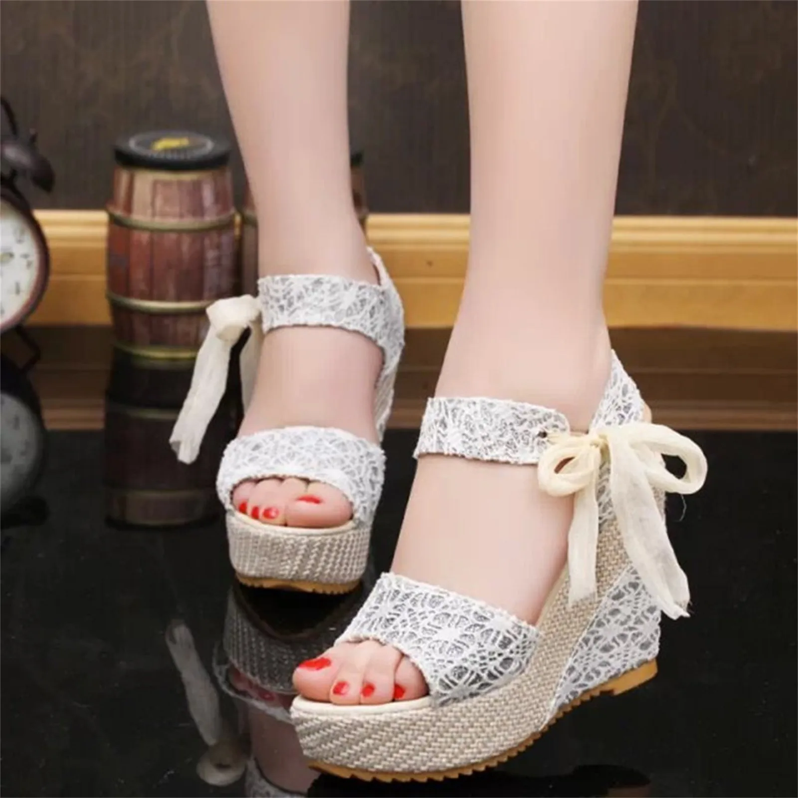 

Women Sandals Summer Fashion Peep Toes Thick Sole Sloping Heels Comfortable Casual Shoes For Women Solid Buckle Bow high heels