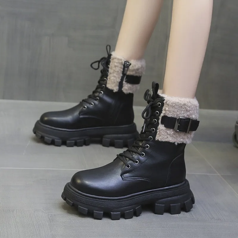 Thick Soled Leather Ankle Boots Women's 2023 New Lace Up Thickened Thermal Short Boots Women's Thick Soled Winter Shoes Women's