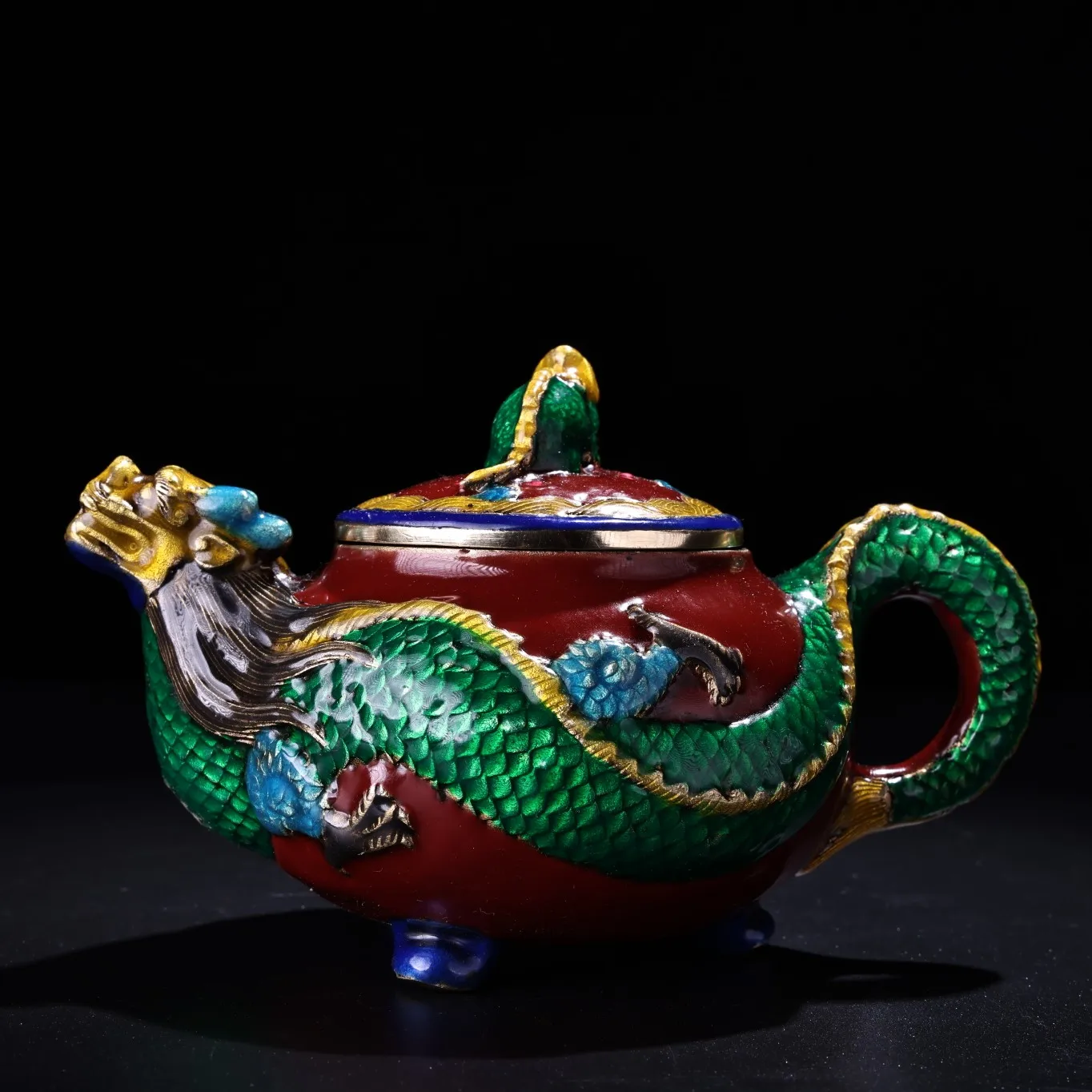 

6" Tibetan Temple Collection Old Bronze Cloisonne Enamel dragon kettle teapot flagon ornament Gather fortune Town house Exorcism