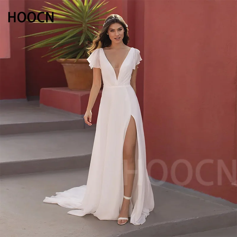 

HERBURNL Simple Wedding Dress V-neck Chiffon High Slit Tail Open Back Elegant New Bridal Dress Vestido de casamento