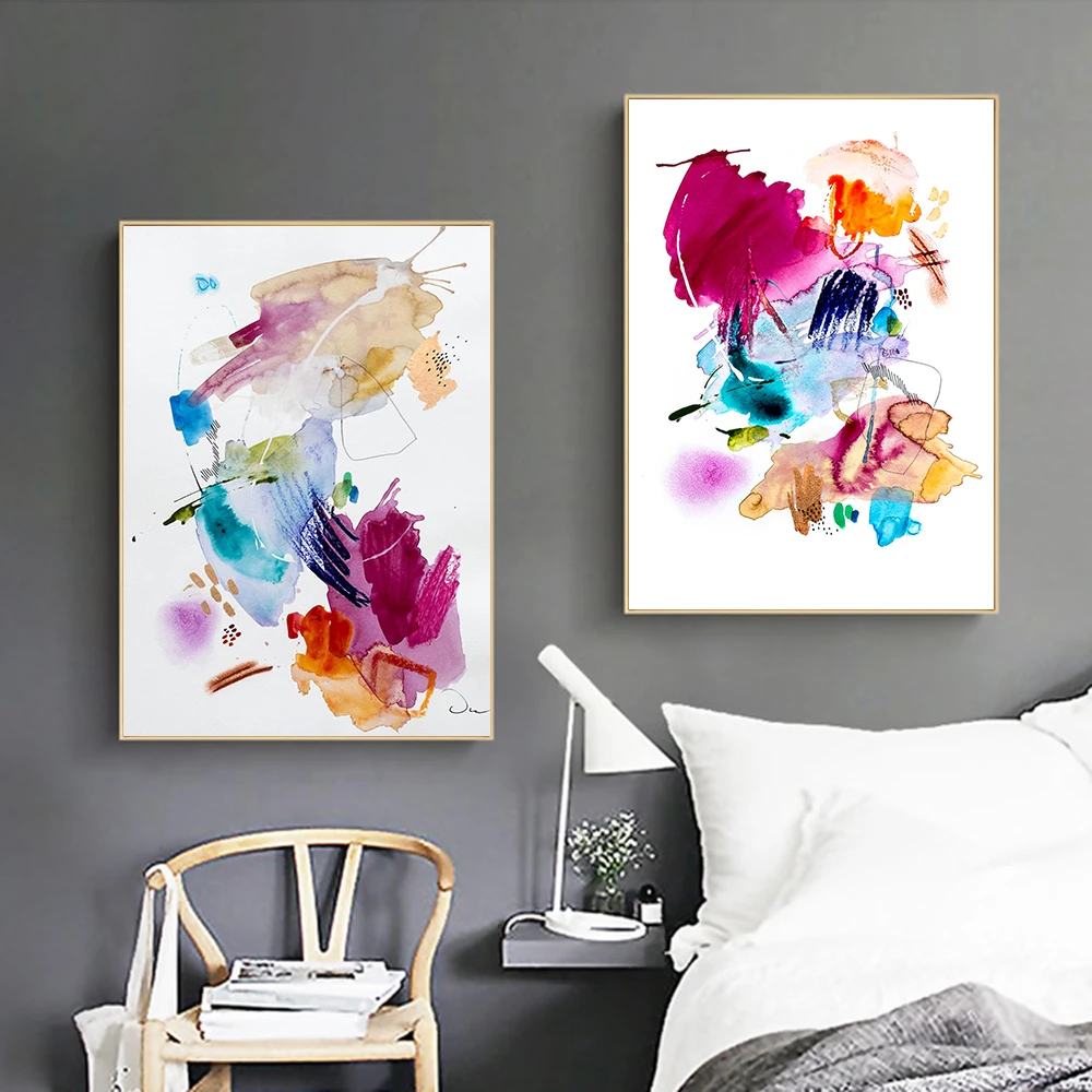 

Colorful Poster Modern Abstract Wall Art Prints Watercolor Canvas Paintings Pictures for Living Room Frameless Home Decor