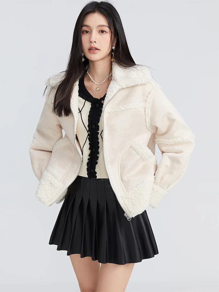One-T 2022 Winter Women Faux Fur Plush Jackets Thick Fleece Warm Coats White Turn-Down Collar Zipper Fashion Casual Overcoats