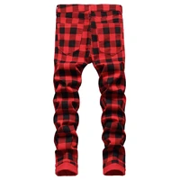 men red plaid printed pants fashion slim stretch jeans trendy plus size straight trousers
