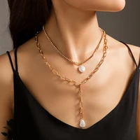 layered thick chain with baroque pearl pendant necklace for women bling rhinestone long tassel necklace set 2022 fashion jewelry