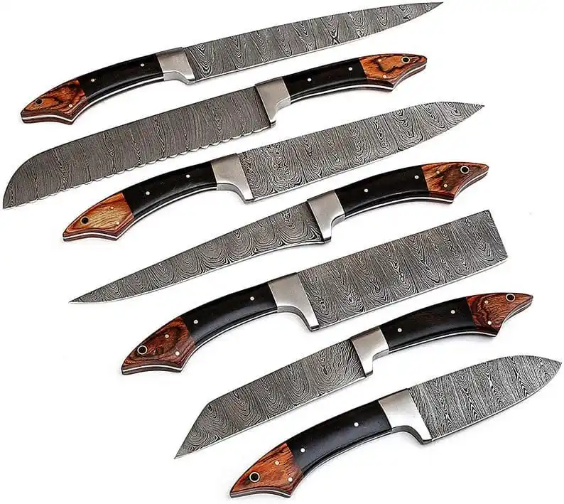 

New Design Damascus 7 Pieces Chef Knife 67 Layer Damascus Steel Kitchen Knives Chef Knife Set with Micarta And Wood Handle
