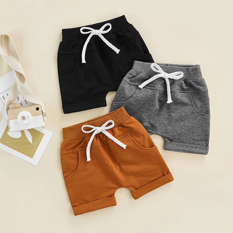 

Toddler Boy’s Summer Casual Shorts Fashion Solid Color Tie-up Elastic Waist Short Pants with Pockets