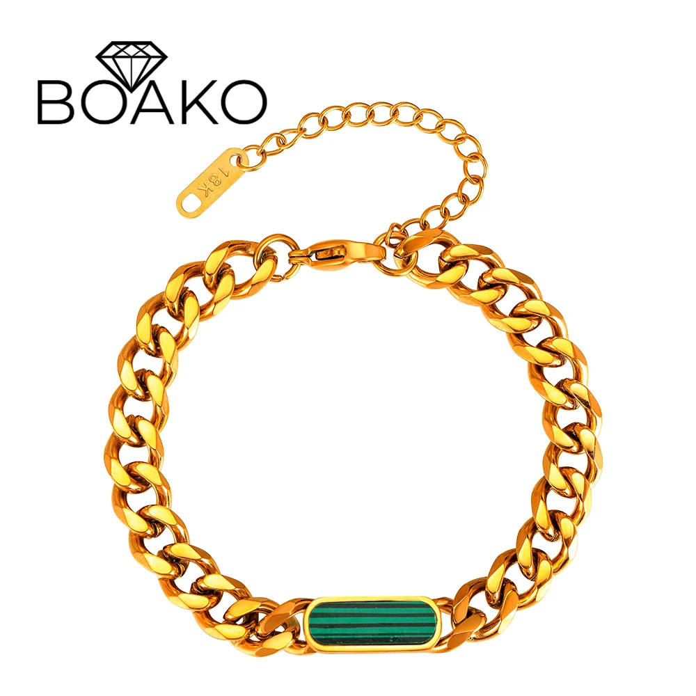 

BOAKO Europe and America Stainless Steel Bracelet Bangles Hip Hop Fashion Cuban Coarse Chain Bracelet 18K Gold Plated Jewelry