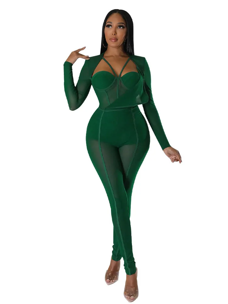 

Прозрачный сетчатый Облегающий комбинезон для женщин, Клубные комбинезоны, прозрачные вечерние сексуальные наряды с длинным рукавом, черные комбинезоны