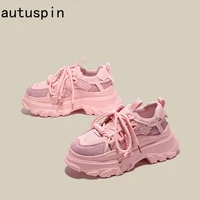 autuspin pink thick sole sneakers women fashion suede leather platform shoes lady 2022 summer trendy lace up chunky footwear