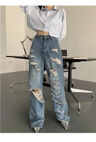 design sense multiple ripped jeans womens 2022 summer ins net red personality all match wide leg pants straight jeans