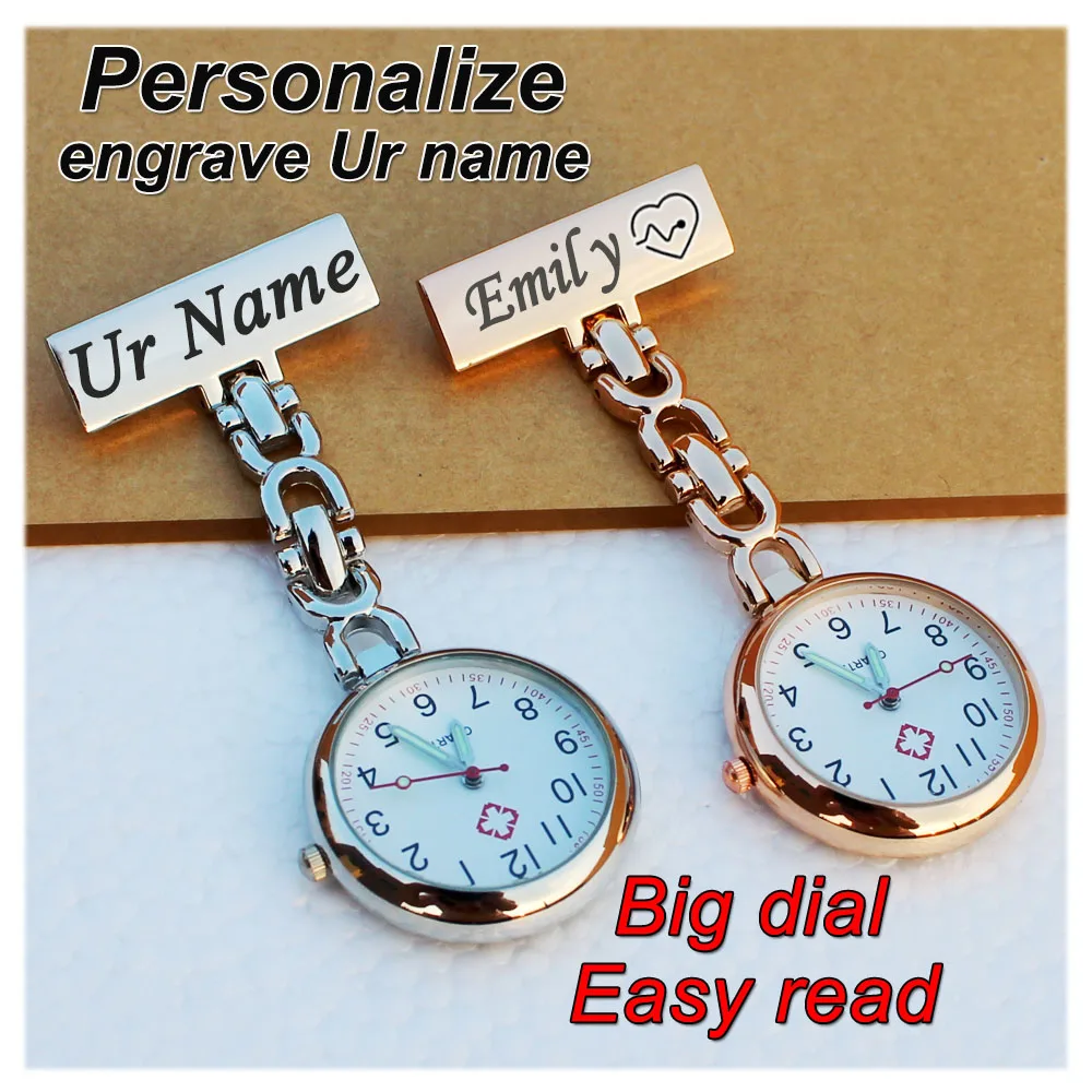 

Personalized Customized FREE Name Engraved Rose Gold Pin Brooch BIG Dial Luminescent TOP QUALITY Lapel Midwife Nurse Fob Watch