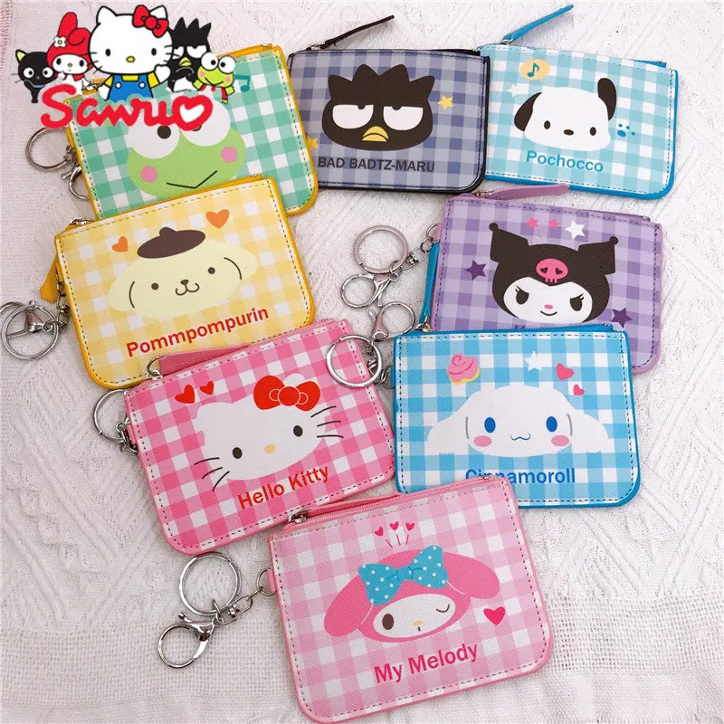 Купи Sanrio Melody Kuromi Storage Bag Card Holder Hello Kitty Cinnamoroll Leather Coin Purse with Keychain Purse Phone Case 9X12cm за 200 рублей в магазине AliExpress