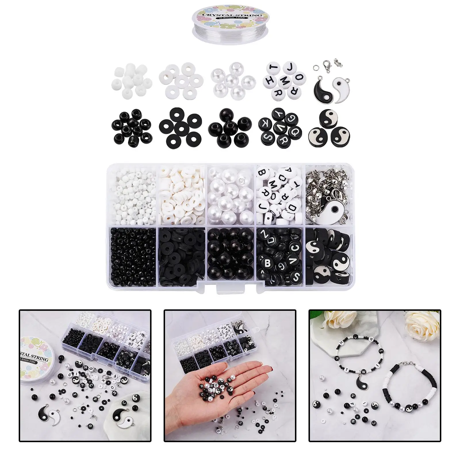 

Черно-белые бусины из полимерной глины Yin Yang, подвески для браслета, кольца, чокер, свободные бусины с веревками