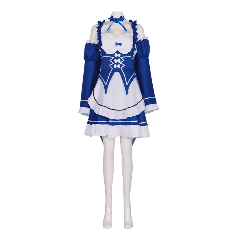 

Rem Rom Cosplay Costume Adult Women Blue Dress Wig Suits Halloween Carnival Costume