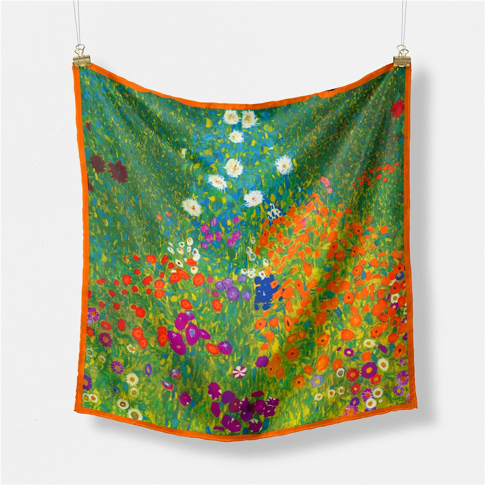 

Twill Silk Scarf Woman Oil Painting Square Scarves Wraps Bandana Small Hijab Silk Foulards Tie Headband Neckerchief 53CM