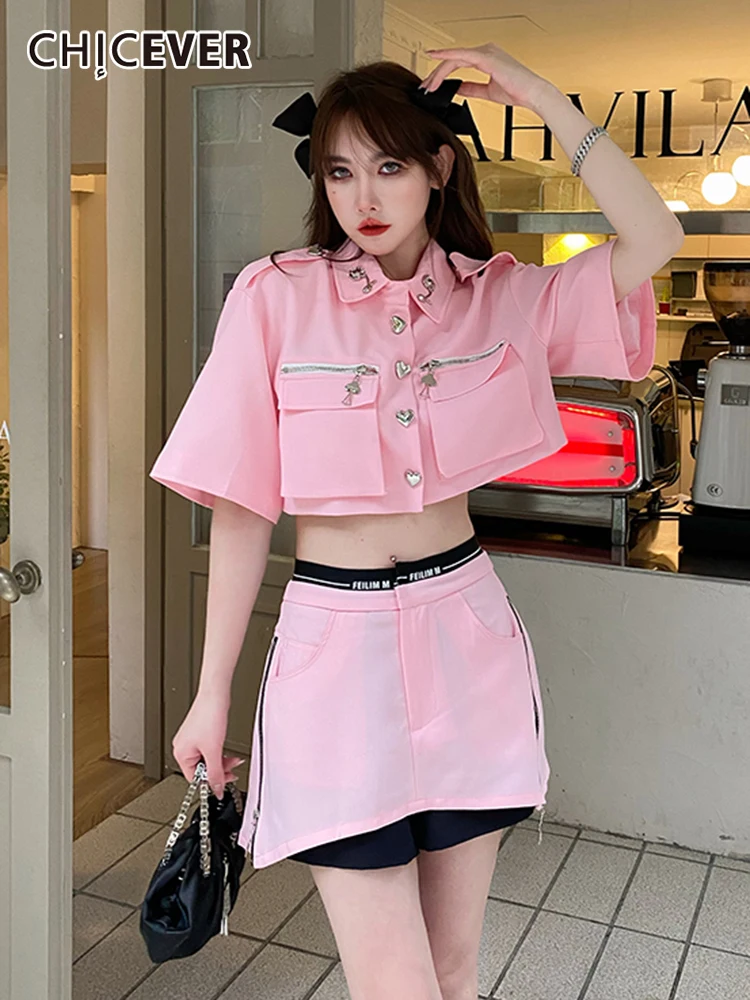 

CHICEVER Elegant Solid Two Piece Set Womens Lapel Long Sleeve Tops High Waist Colorblock Mini Skirts Suits Female Clothing 2022