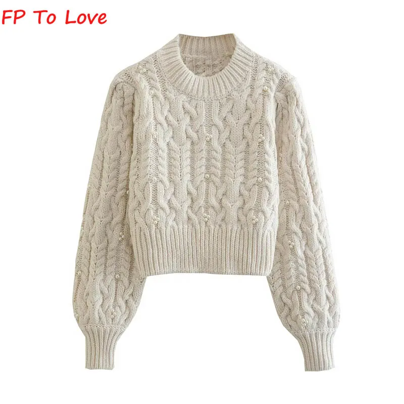 

Beige Pearl Pullover Sweater Woman Streetwears Warm Winter Beading Knitted Outwears Elegant PB&ZA Female