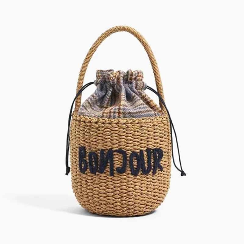 

Casual Letters Straw Bucket Bag Designer Roper Woven Women Handbags Handmade Summer Beach Shoulder Crossbody Bags 2022 Bali Tote