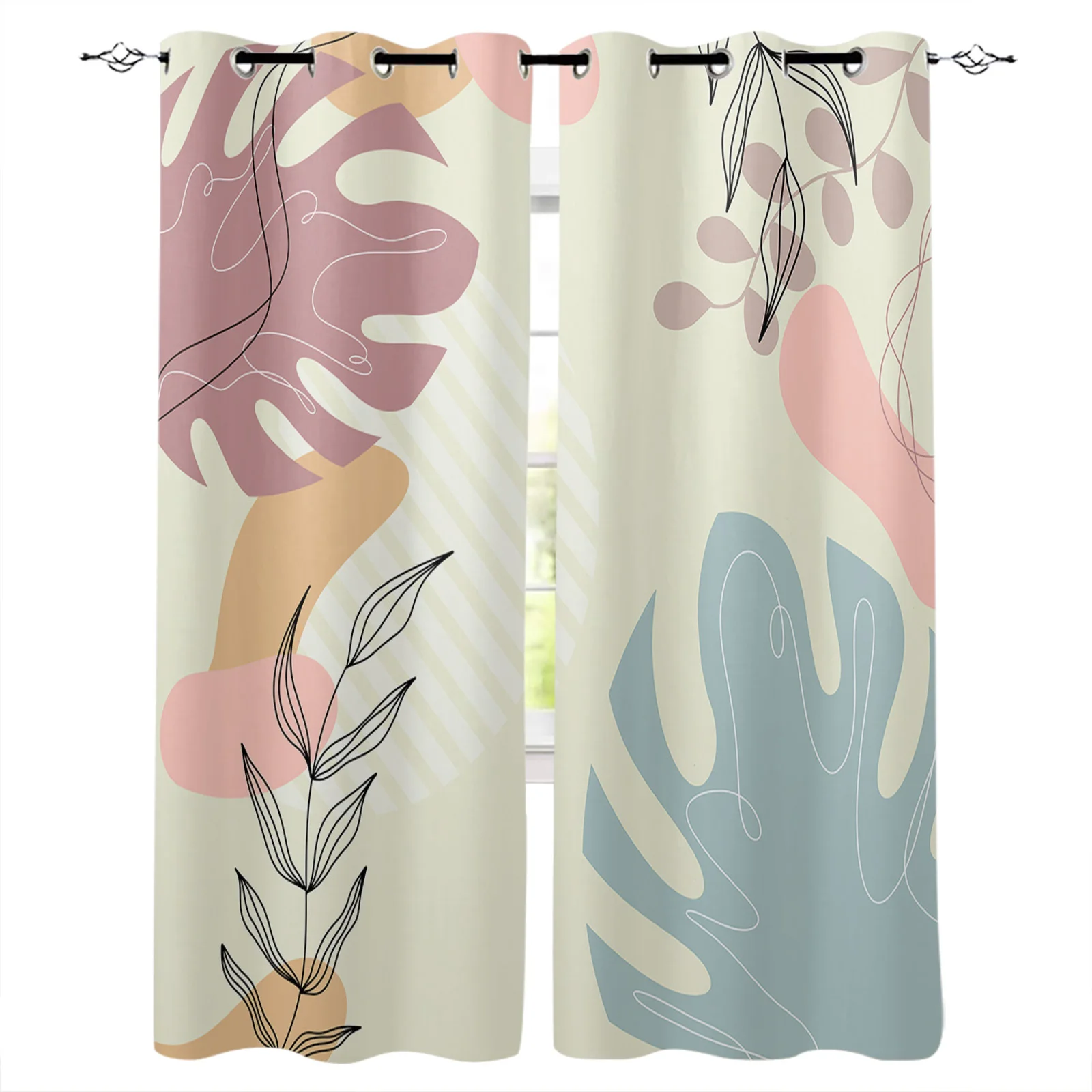 

Boho Morandi Geometric Plant Curtains for Living Room Window Panels Bedroom Kitchen Drapes Home Decor Window Curtain
