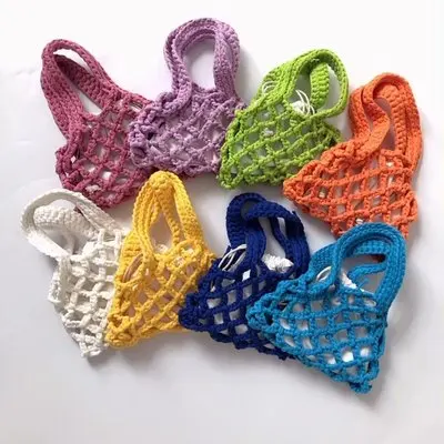 2022 Cotton Knitting Woven Mesh Hollow Vegetable Basket Tote New Korean Brand Cute Women's Girl Bucket Linen Small Portable Bag