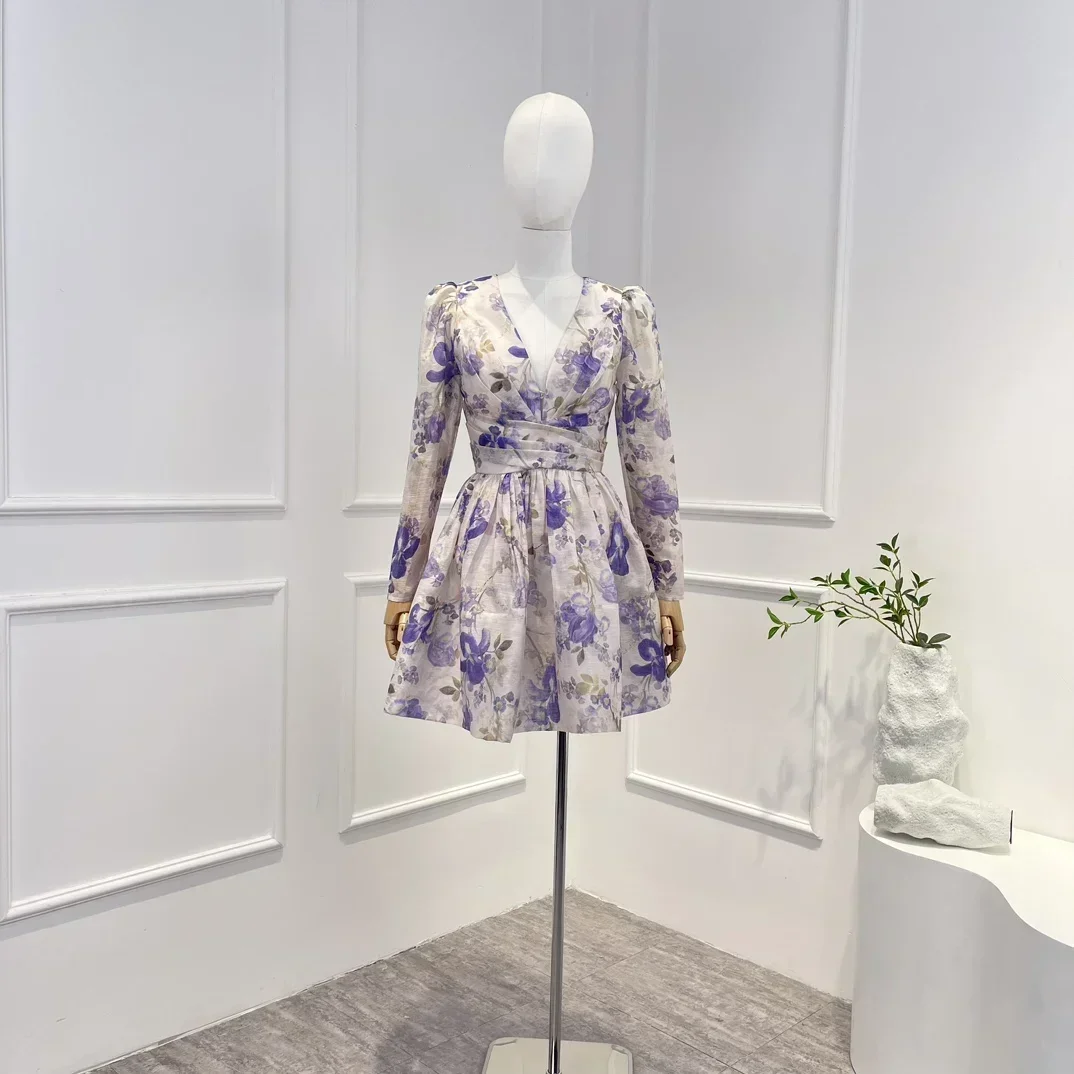 

2023 New Collection V-neck Pleated Purple Floral Long Sleeves A-line High Waist Patchwork Women Mini Dress