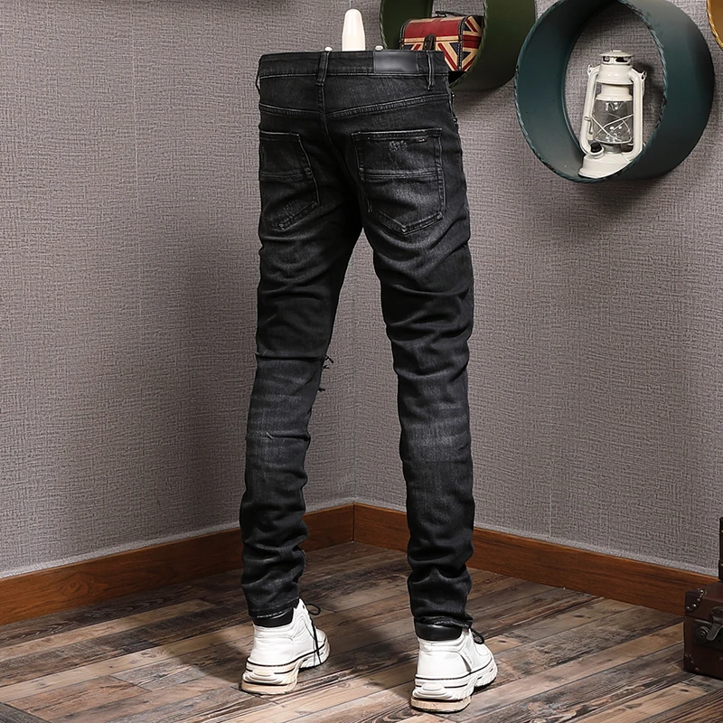 High Street Fashion Men Jeans Retro Black Gray Stretch Elastic Slim Ripped Jeans Men Patch Designer Hip Hop Brand Pants Hombre