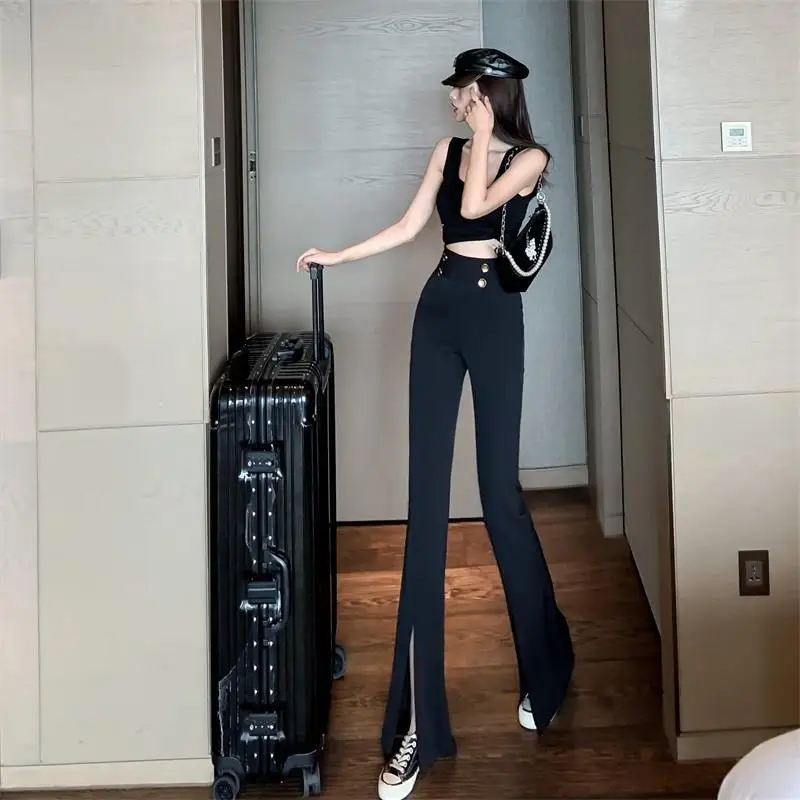 

Summer 2022 Women's Korean Casual High Waist Solid Long Flare Pants Female Elegant Loose Office Ladies Wide Leg Trousers S18