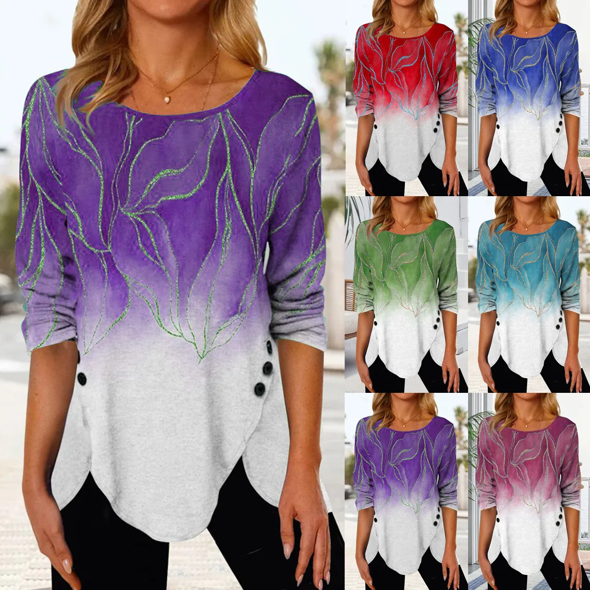 

Autumn Printed Button Irregular Bottom Round Neck Medium Sleeve T-Shirt Female and Lady Casual Fashion Tops Shirts
