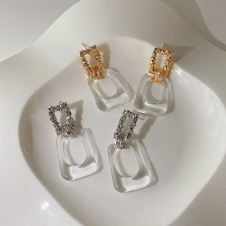 

W70 S925 Silver Needle Small Fresh Geometric Square Resin Stud Earrings Forest Natural Style Earrings Simple Fashion