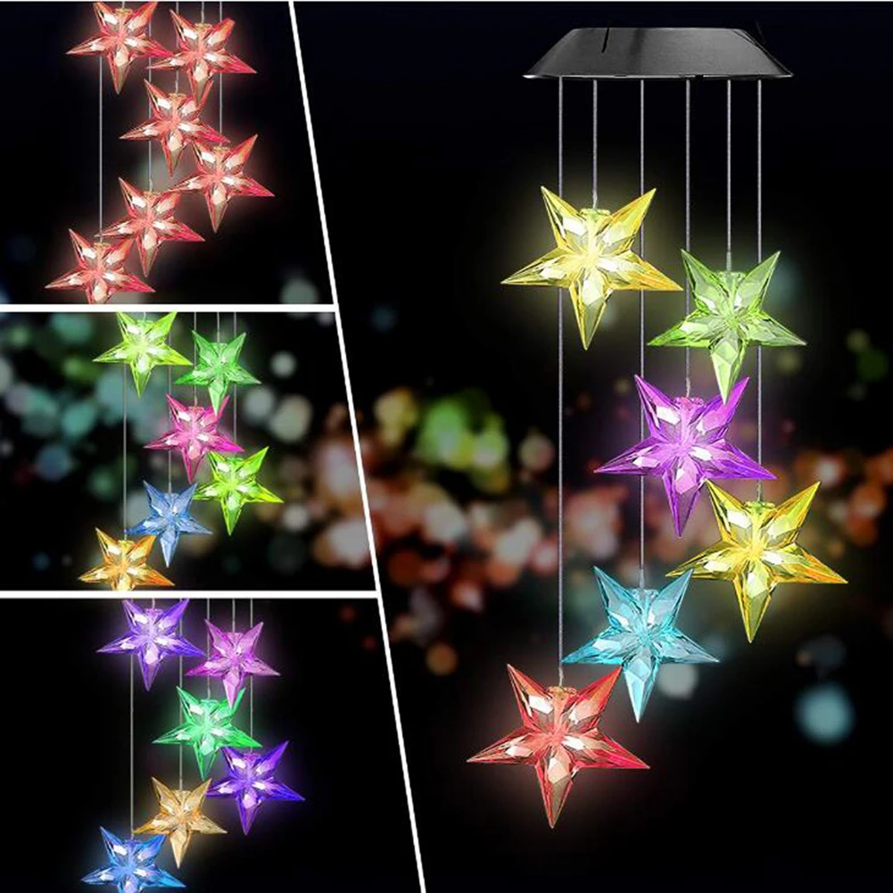 

6LED Solar Powered Wind Chime Light Colorful Star Shape Lamps Outdoor Decor No Wiring Installation Simple and Convenient
