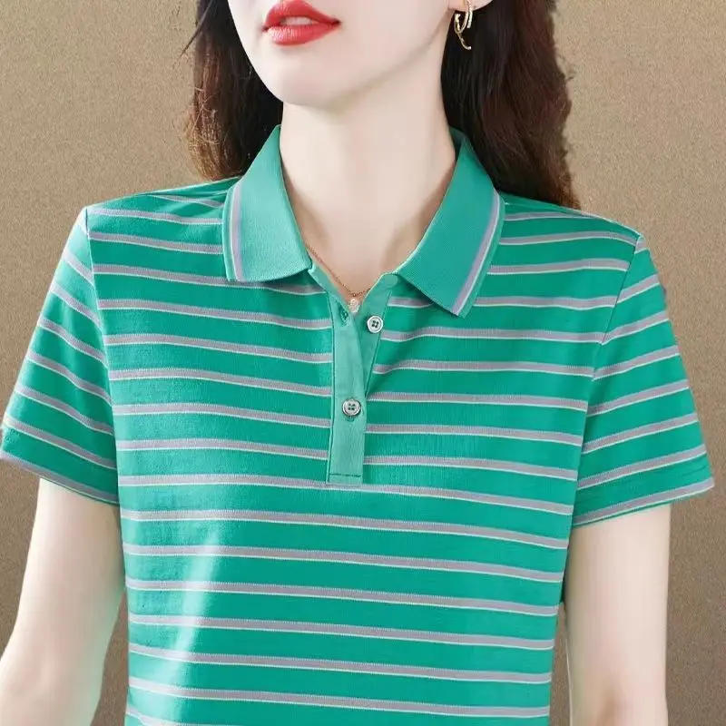 

High-End Striped Polo Shirt Women's Summer Lapels Short-Sleeved T-shirt Slim-Fitting Clothes Sports Female Casual Top