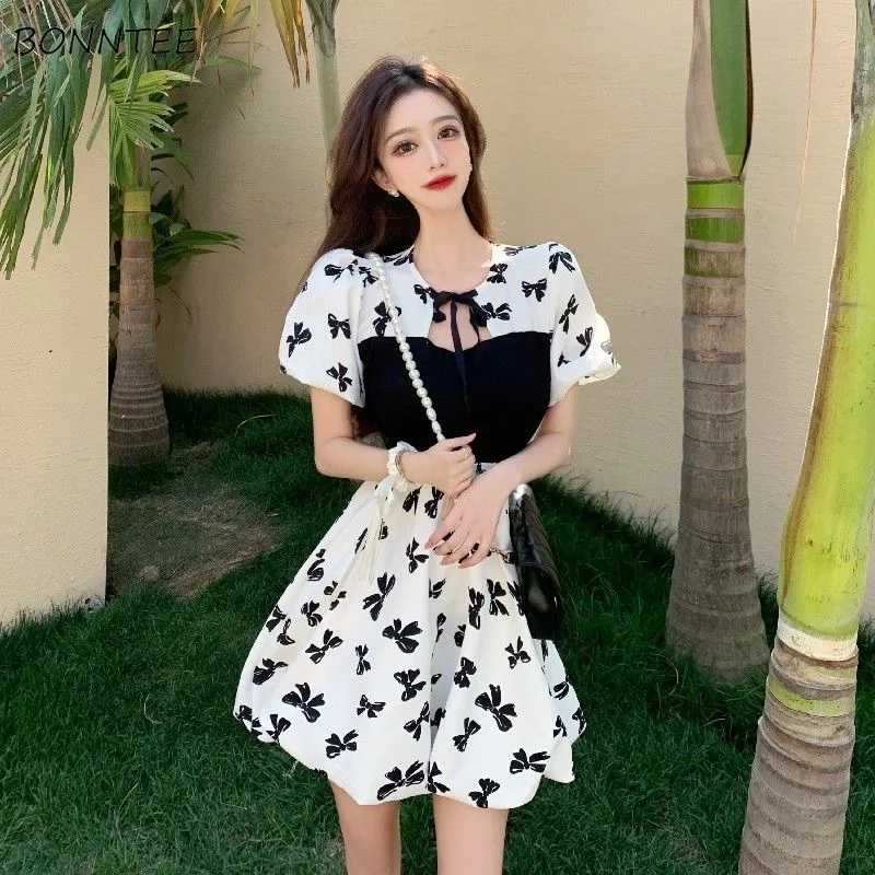 

Short Puff Sleeve Dresses Women Patchwork Temperament Sweet Japanese Style Mujer Slim Hollow Out Girlish Students Retro Daily