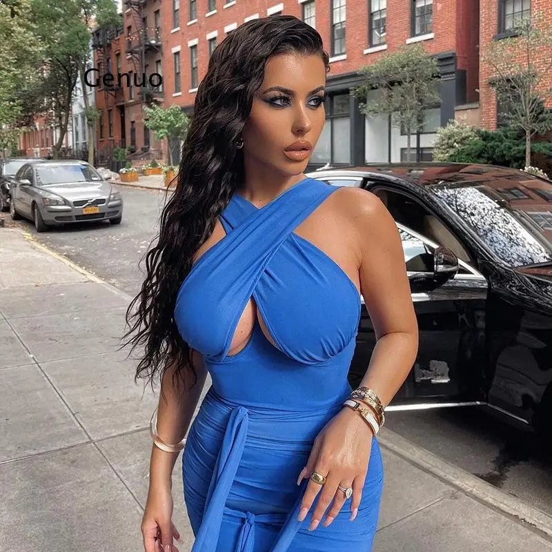 

Сексуальное однотонное облегающее бандажвечерние вечернее платье, женское платье-карандаш с лямкой на шее и лямкой на шее, вечернее клубно...