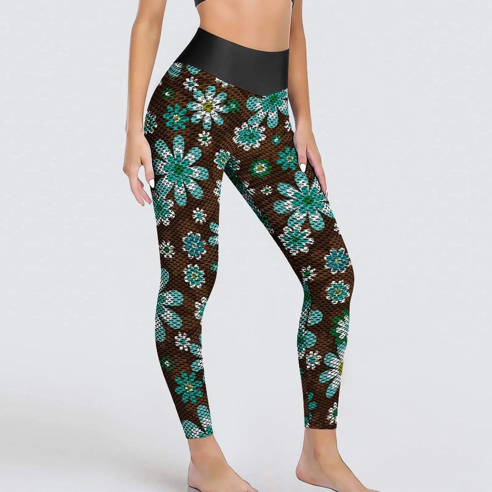 

Retro Mod Flowers Leggings Brown and Blue Workout Yoga Pants Women High Waist Funny Leggins Sexy Seamless Graphic Sports Tights