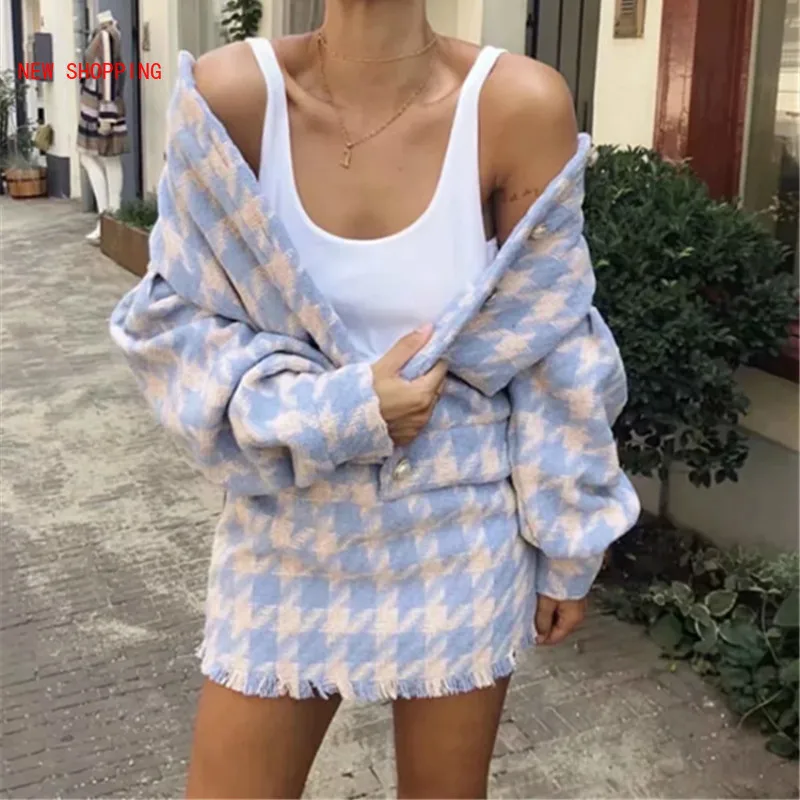 

Fashion Long Sleeve Vintage Houndstooth Jacket Top Tweet Blazer and Mini A Line Skirt Party Women Set Sexy Casual Two Piece Sets