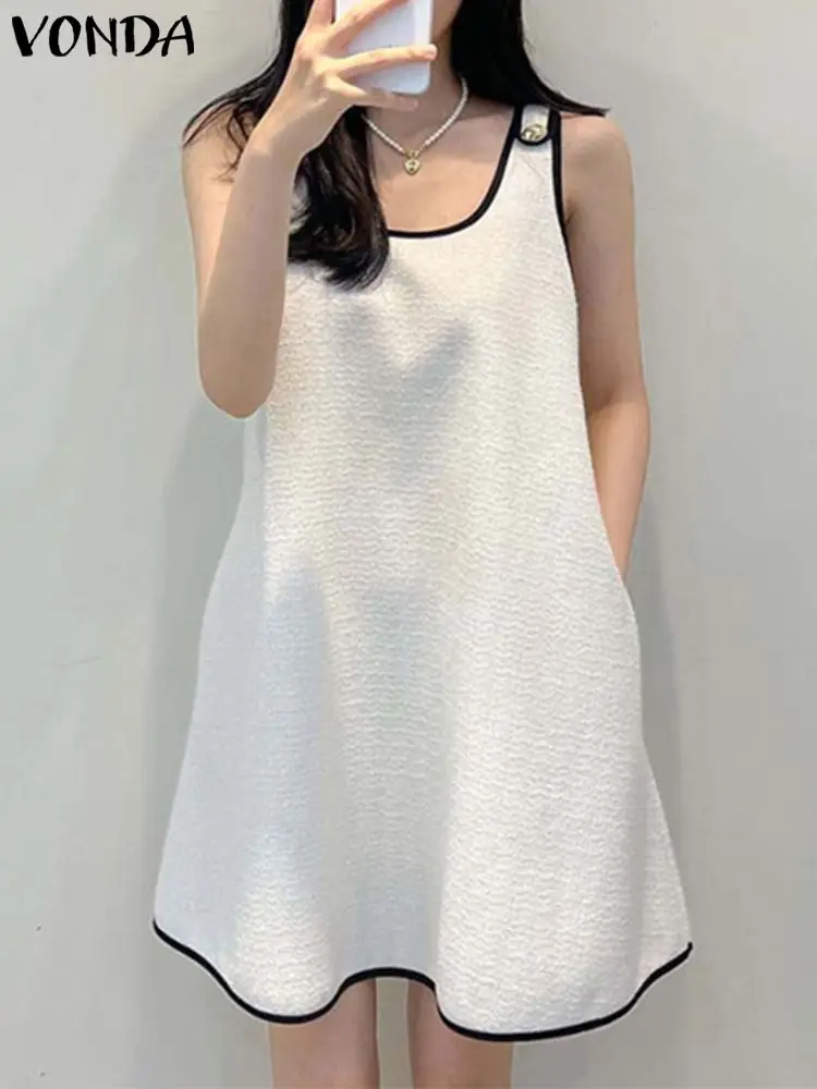 

Свободное платье-чехол, Повседневное платье-миди VONDA 2022, винтажное однотонное вечернее короткое платье, женское сексуальное платье без рука...