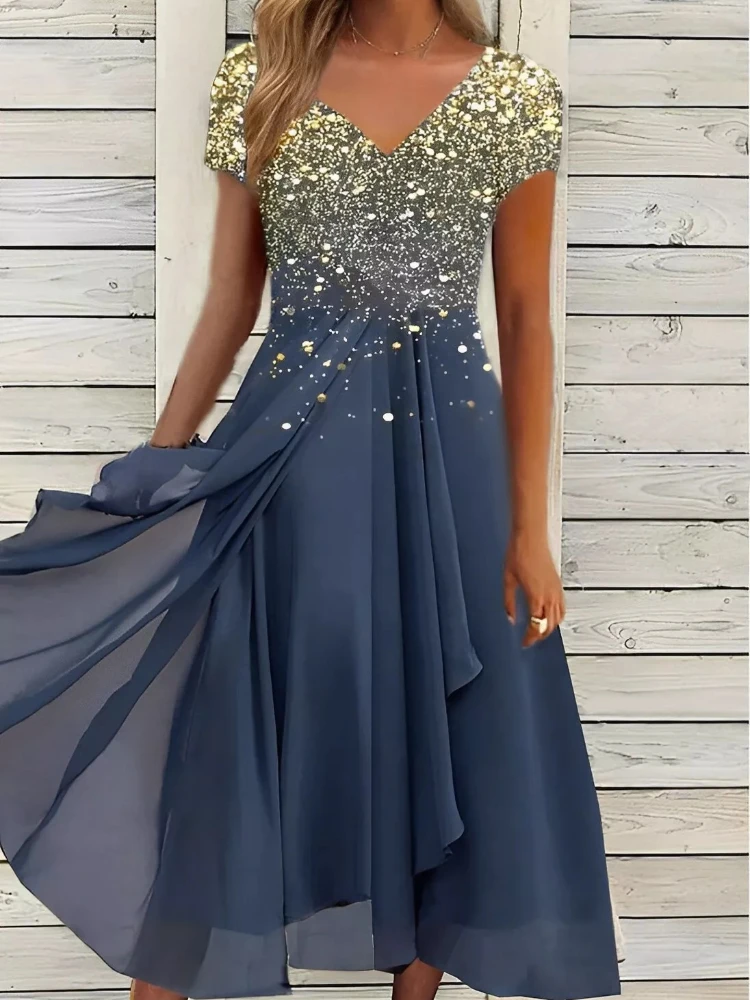 

Платье-миди женское шифоновое с коротким рукавом и V-образным вырезом