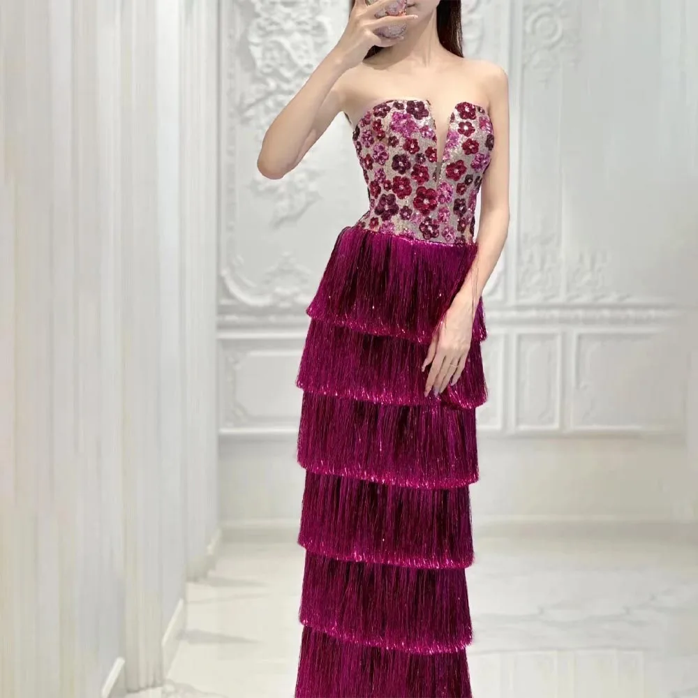 LZPOVE роскошные кисточки фуксия арабские вечерние платья для женщин Дубай миди