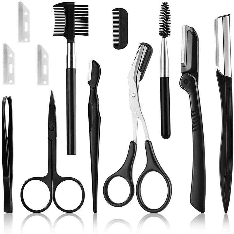 

12pcs Eyebrow Trimmer Eyebrow Razor Kit Eyebrow Scissors Eyebrow Comb Razor for Face Tweezers Eyelash Eyelash Brush Makeup Tools