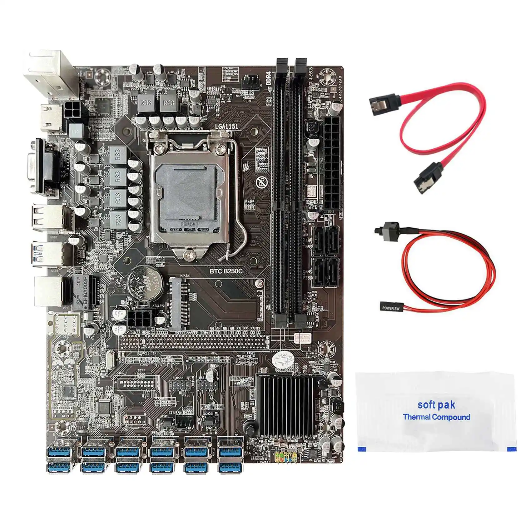 

B250C BTC Mining Motherboard+Thermal Grease+Switch Cable+SATA Cable 12XPCIE to USB3.0 GPU Slot LGA1151 for ETH Miner