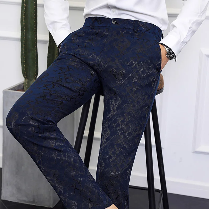 

Plus Size 40 38 Black Blue Brand New Business Formal Pants Men Printed Slim Fit Casual Suit Pants Mens Wedding Party Trousers