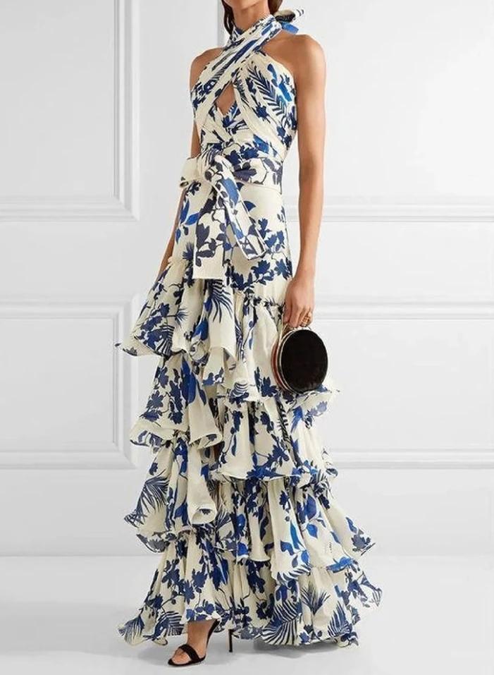 Элегантное женское платье с цветочным принтом без рукавов перекрестной лямкой