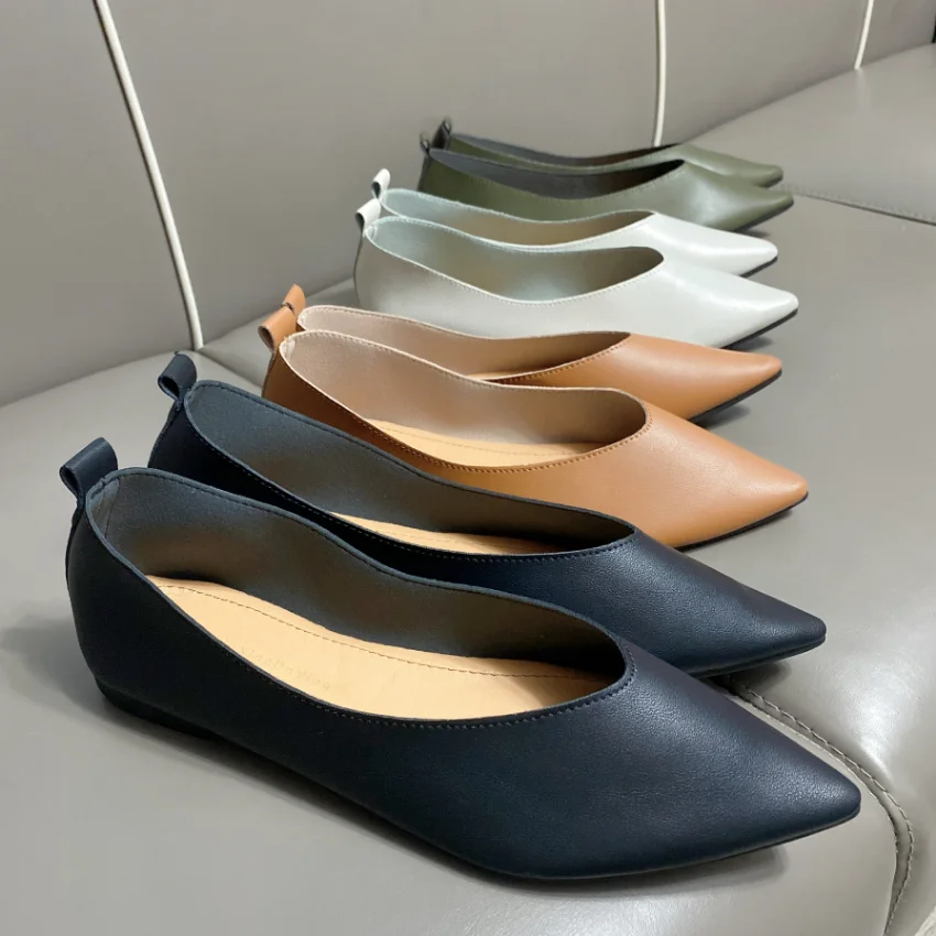Women Shoes Plus Size 43 44 45 Summer Pointed Toe Flat Shoes 2023 Summer Leather Flats Soft Office Shoes Shallow Female Shoes