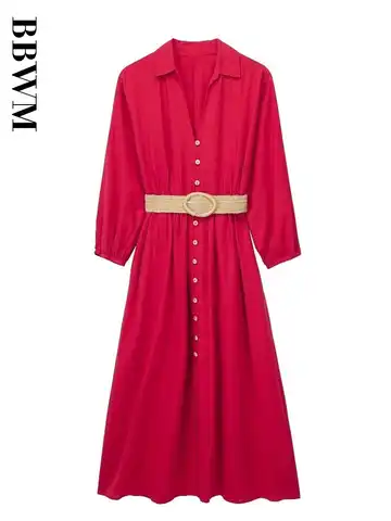 Linen Dress Woman Red Elegant Long Dresses for Women 2023 Summer Belt Office Wear Chic Female Dress Long Sleeve Midi Dress Women