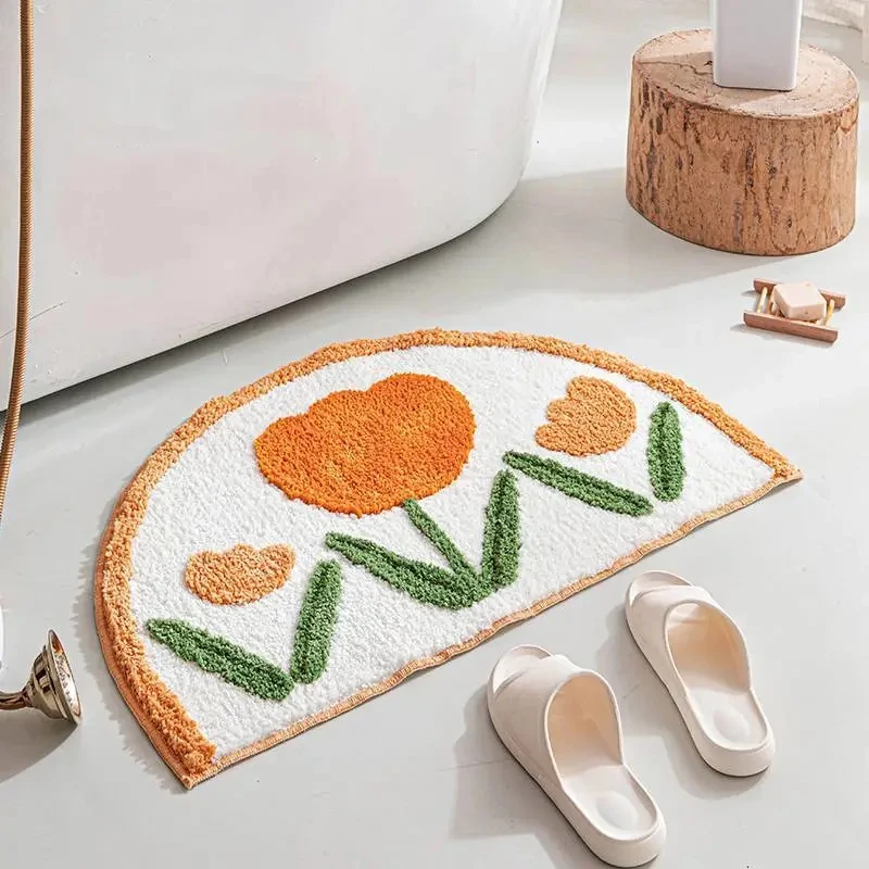 

Flower Bathroom Rug Non Slip Half Circle Bath Floor Mat Water Absorbent Super Soft Shaggy Machine Washable Thick Doormats TJ9513