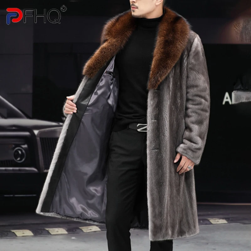 

PFHQ 2023 Trendy Luxury Long Faux Fur Thicken Trench Coat Elegant Man Winter Thermal Imitation Mink Jacket Loose Fashion Clothes