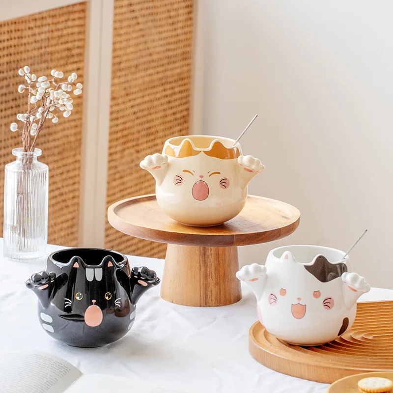 Ceramic Mug For Coffee Tea Milk Oatmeal Cartoon Cute Cat Mugs With Spoons Creative Cat Paw Large Capacity Animal Cups Funny Gift