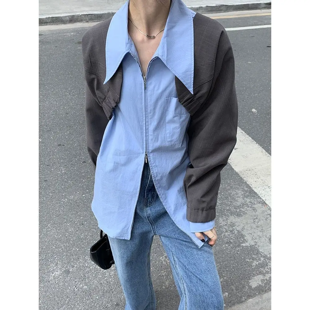 

ZCSMLL Zipper shirt female minority spring autumn Korean Style Long Sleeve foreign style fashion top blue shirt fashion 2022